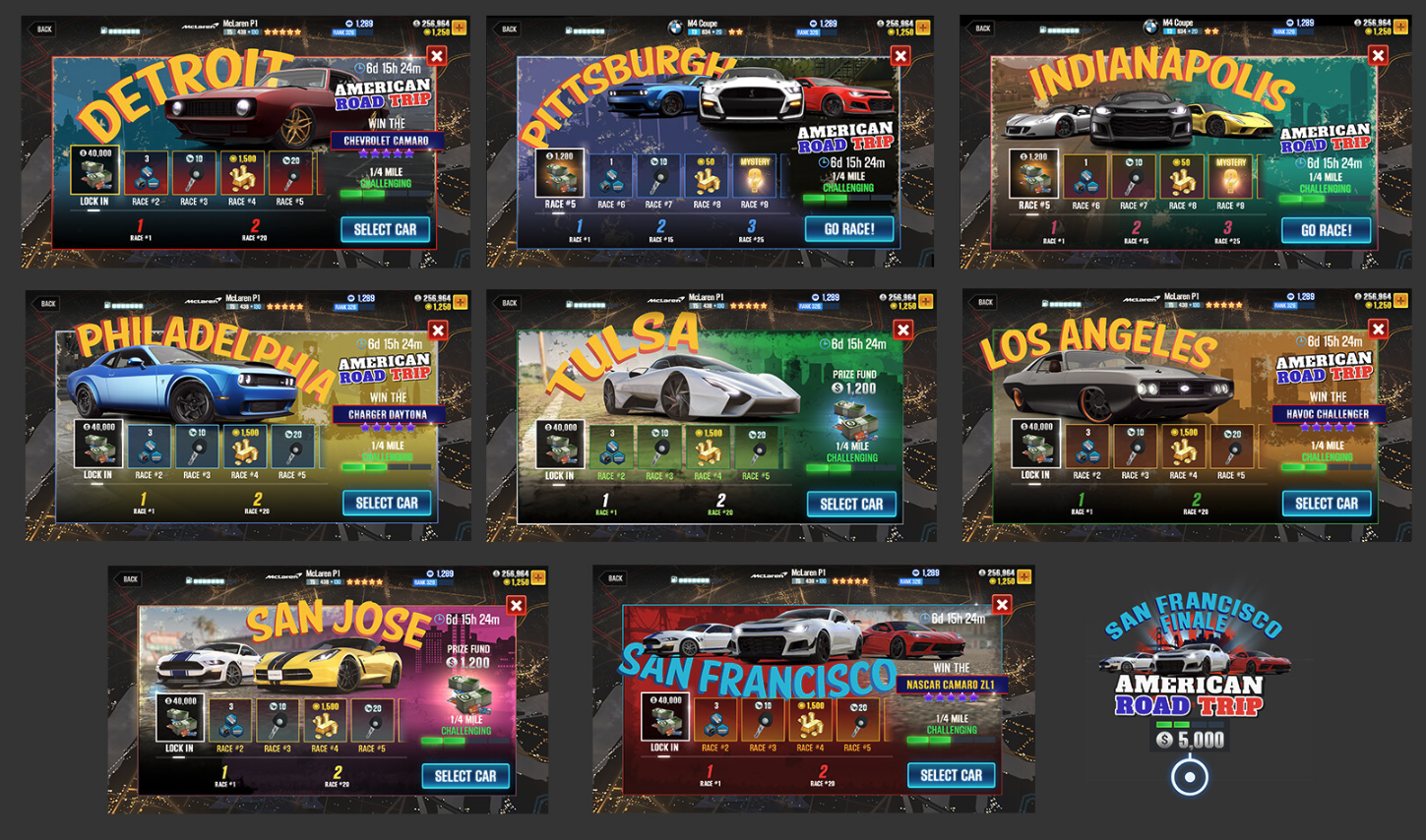 A montage of CSR2 American Road Trip events running from Detroit to the San Francisco finale