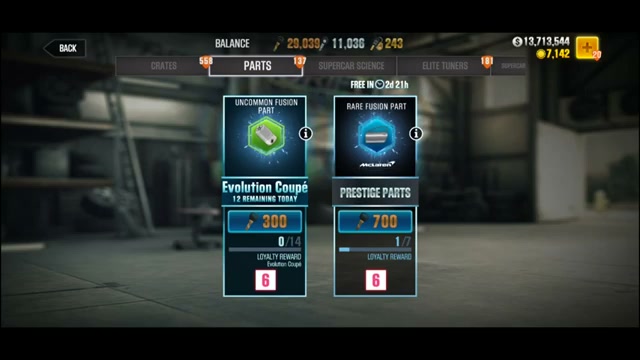 CSR2 parts screen showing Petah’s permanent crate beside prestige parts