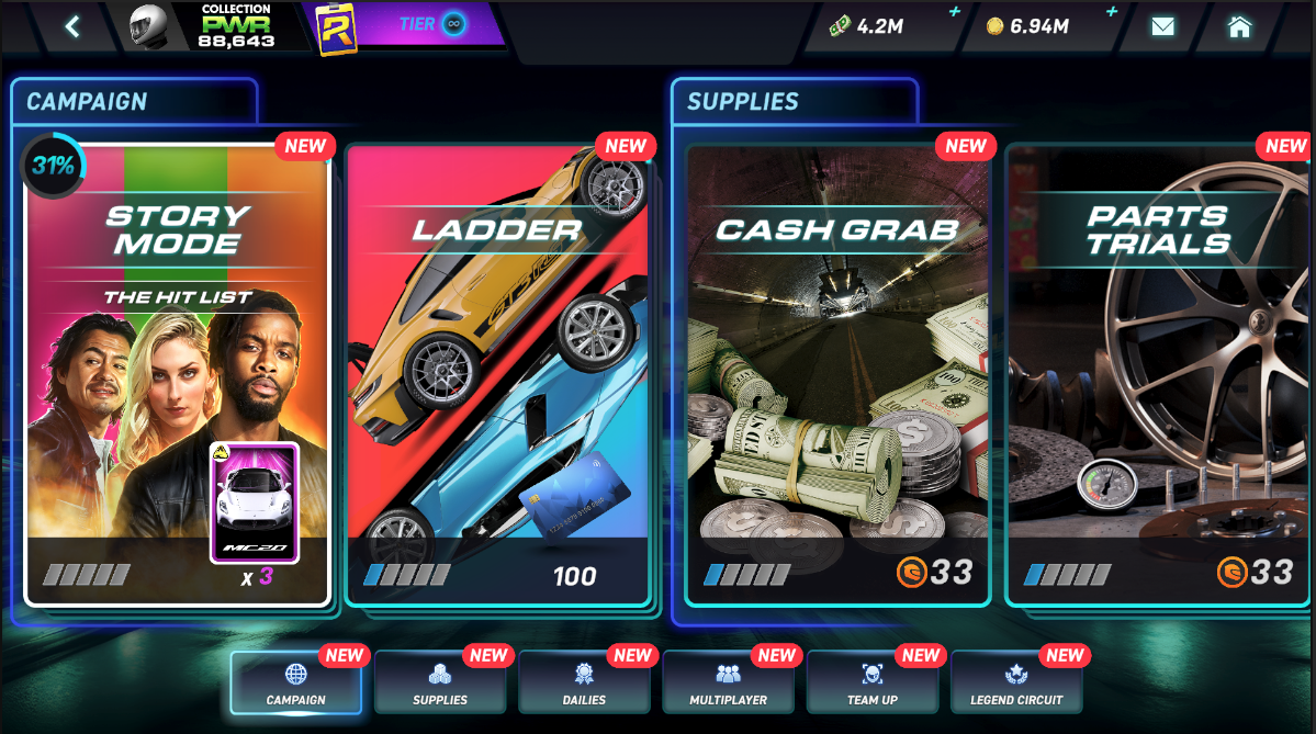 CSR3 event browser showing campaign, supplies, dailies and multiplayer categories