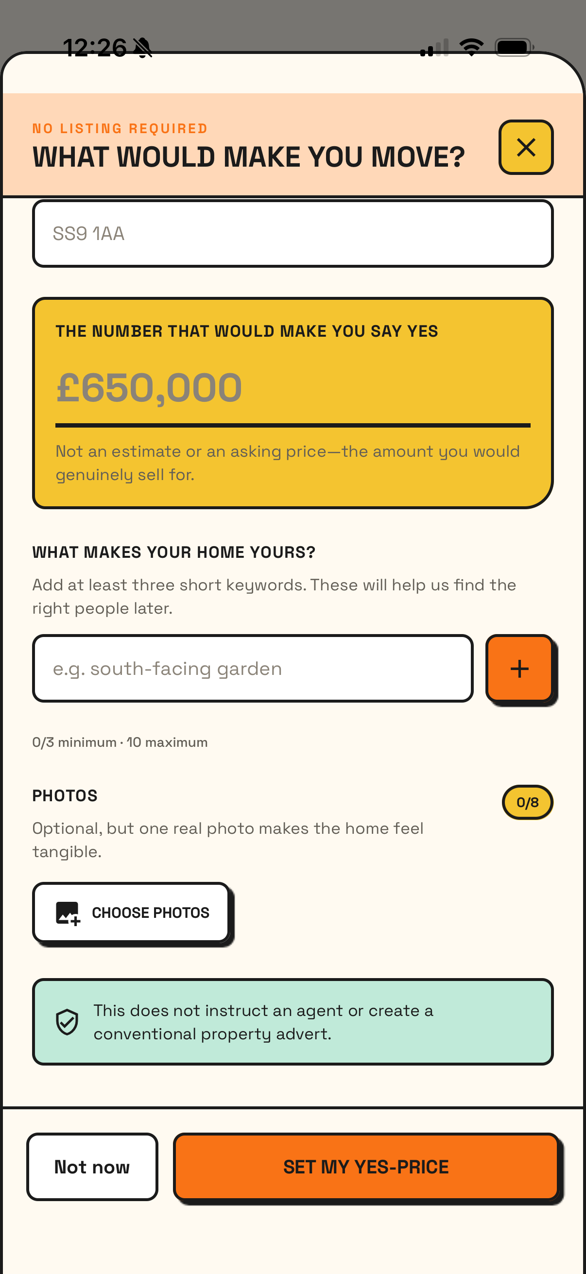 Early yes-price screen with keywords and photo controls