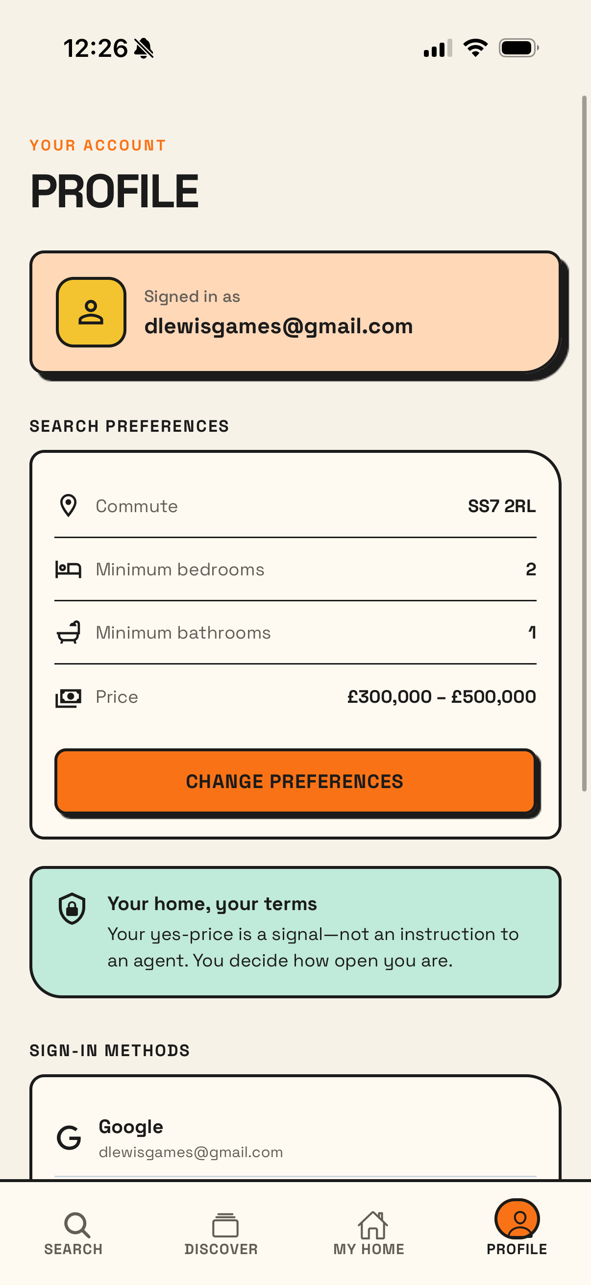 HOMR profile screen showing search preferences and the owner's home