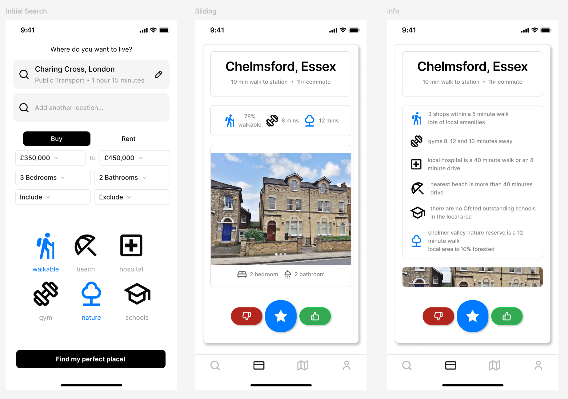 Detailed Figma screens for initial search, property discovery and local information