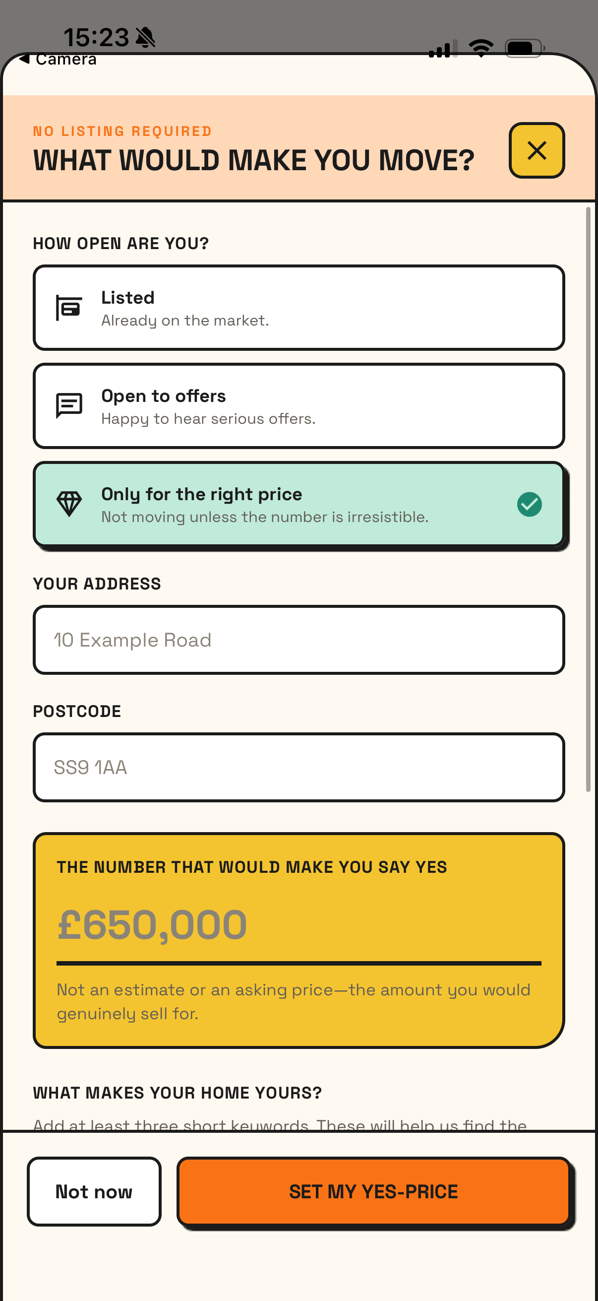 Built home input screen with status, address, yes price, keywords and photos