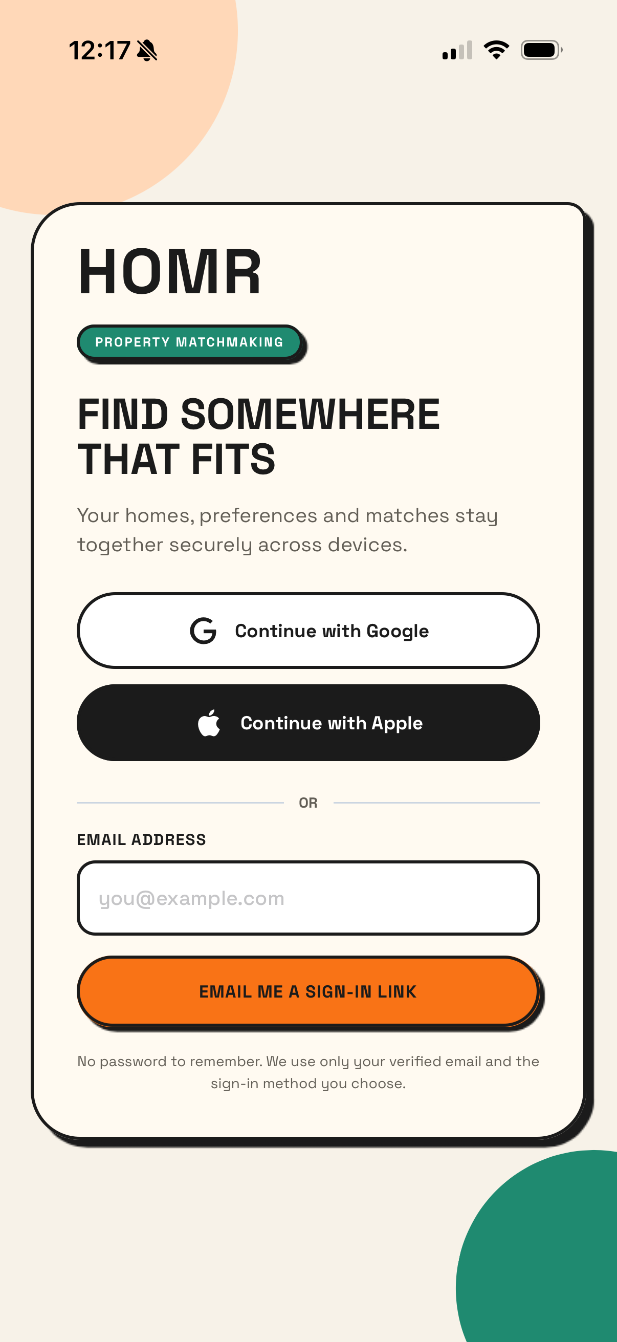 HOMR login screen with email, Google and Apple sign-in options