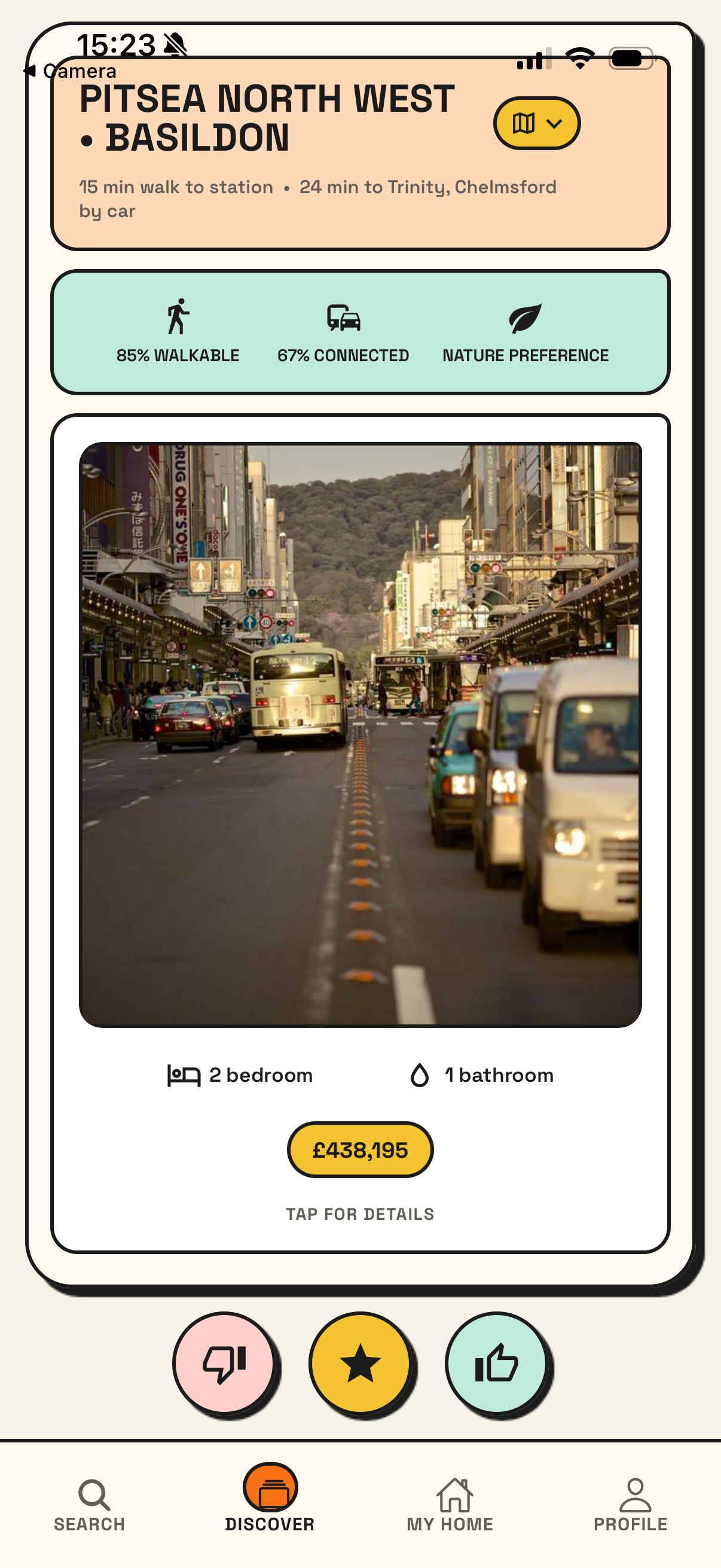 Property discovery card with commute, walkability and nature match information