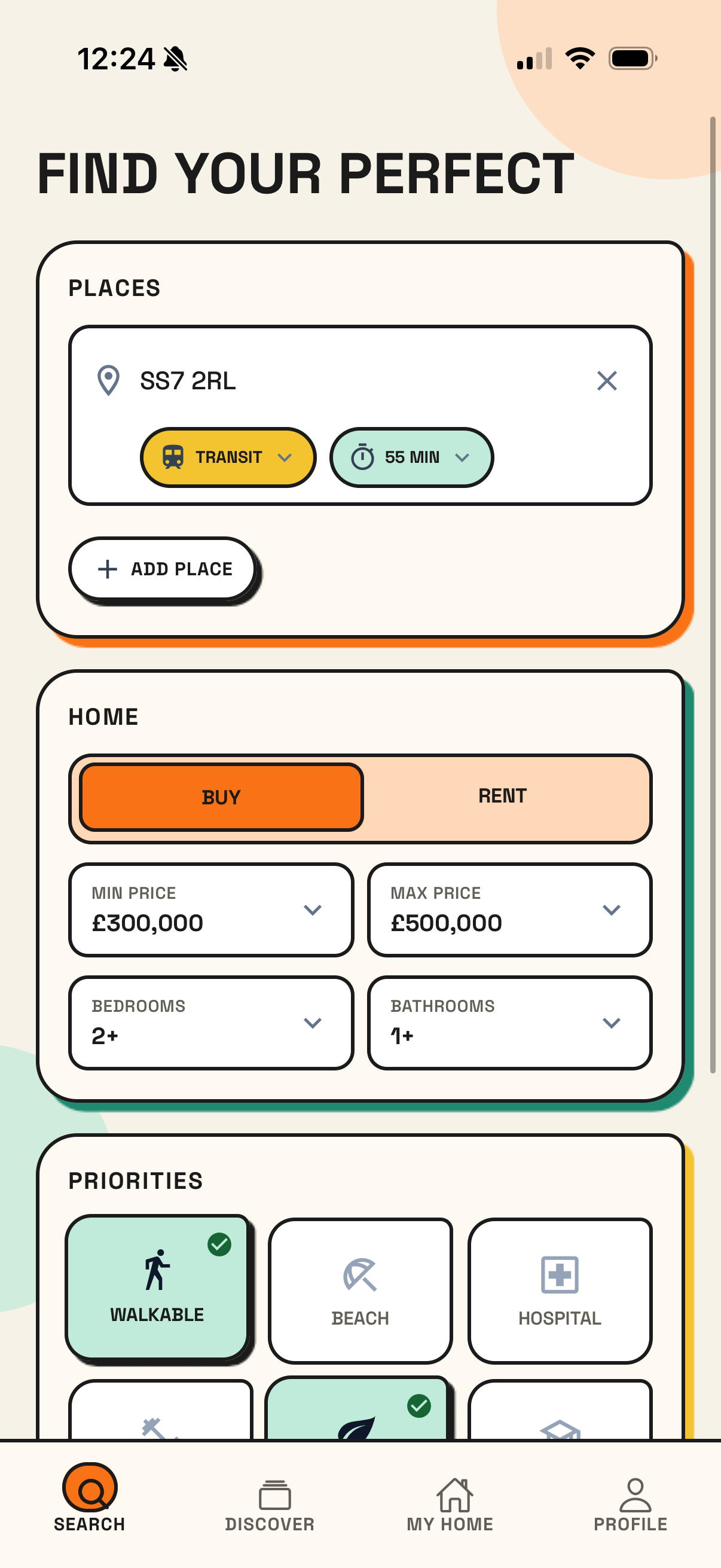 Find Your Perfect search screen with commute, budget and lifestyle priorities