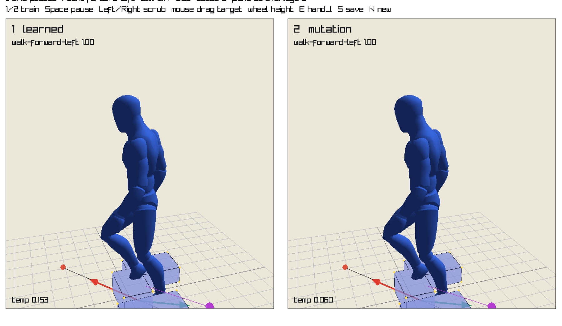 Laguna animation authoring view comparing learned and mutated walk cycles