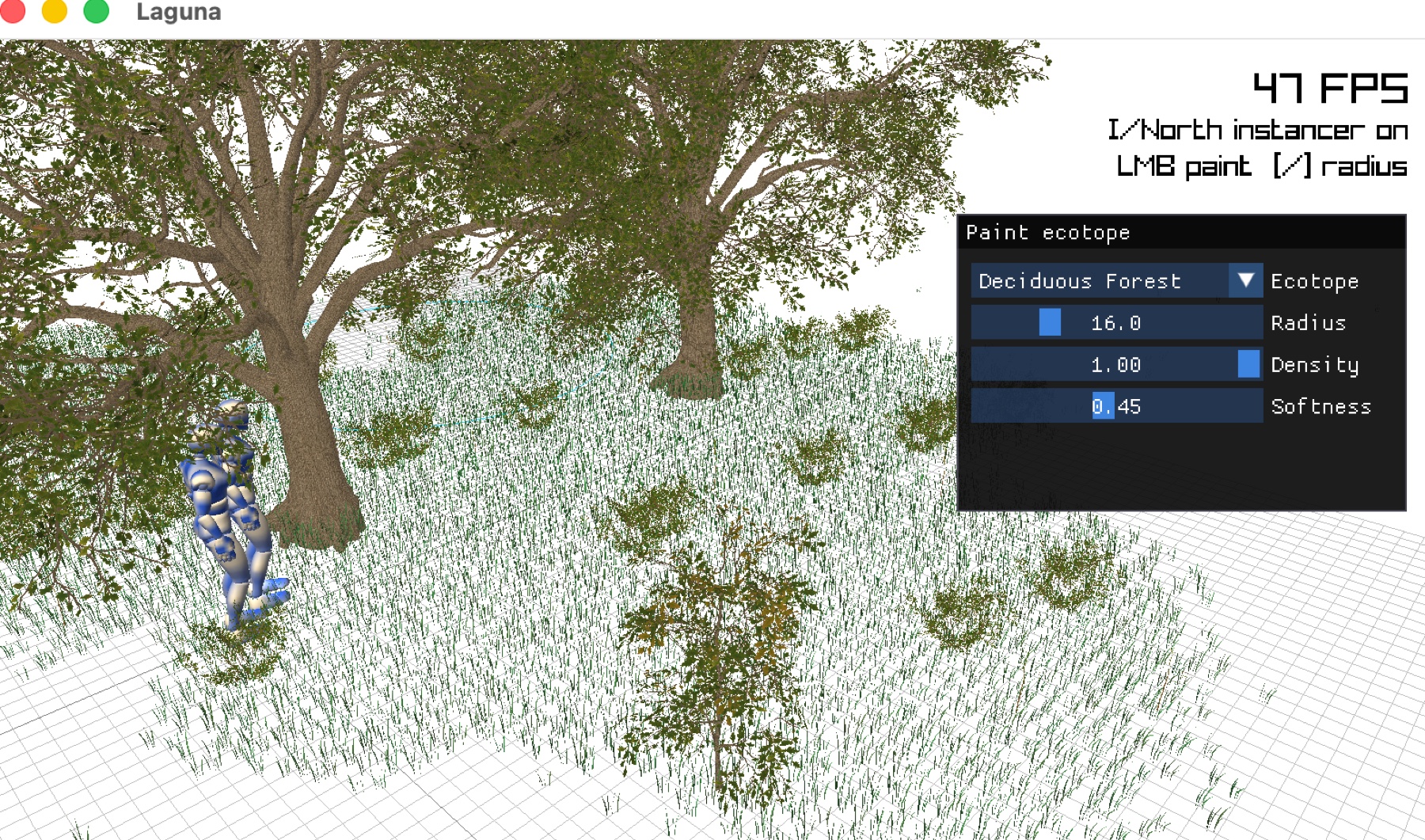 Laguna editor showing a painted deciduous forest ecotope and placement controls