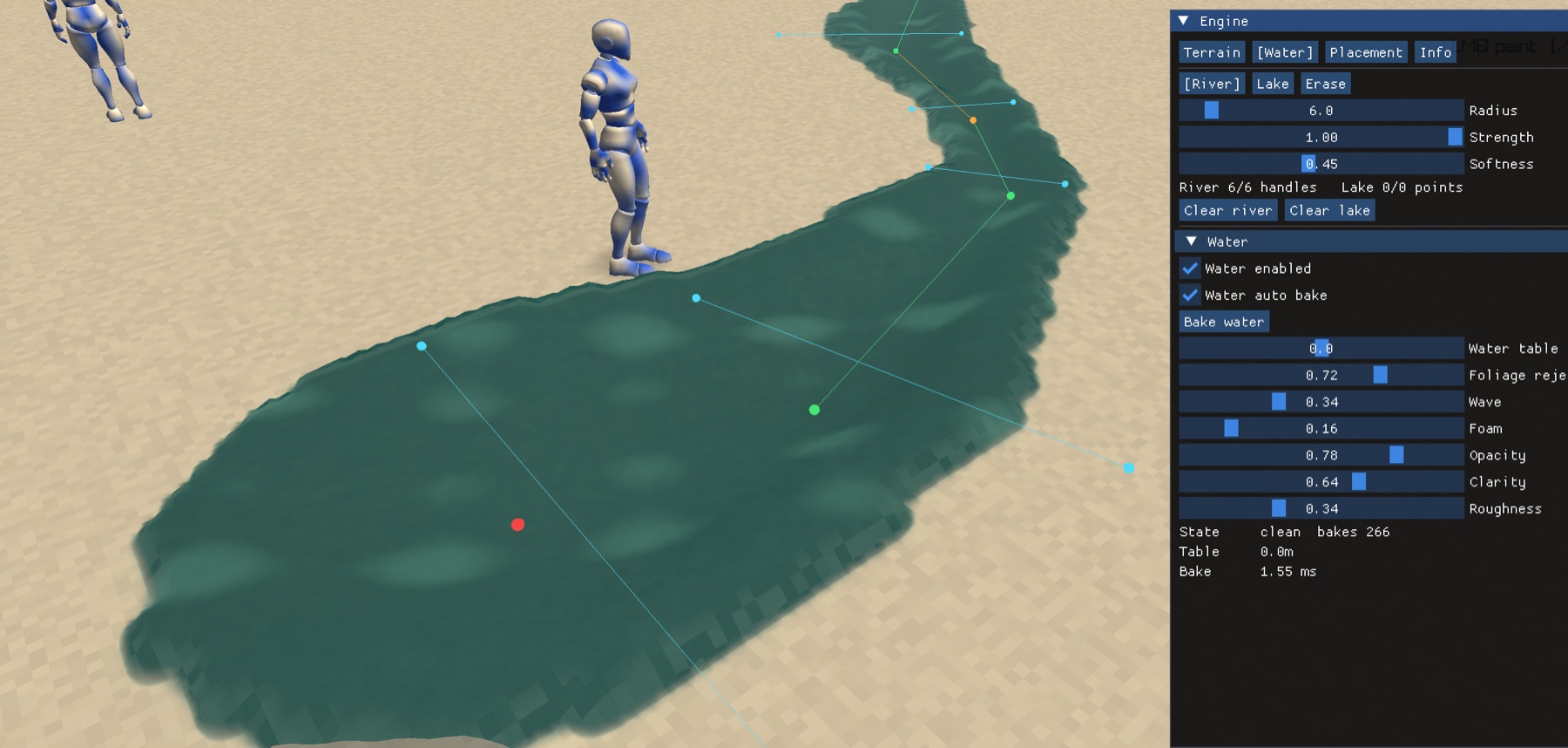 Laguna editor showing river spline handles and water-authoring controls