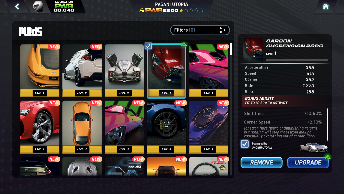 CSR3 Aftermarket Mods inventory with a selected suspension mod and its stats