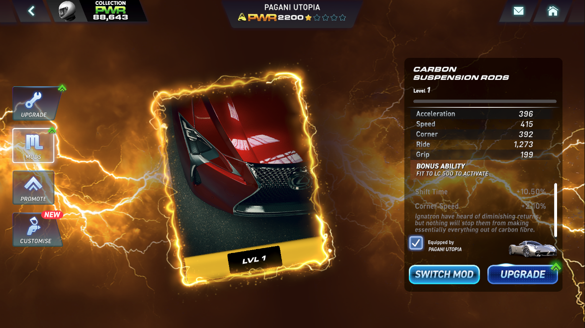 CSR3 car screen showing an equipped Aftermarket Mod and its bonus ability