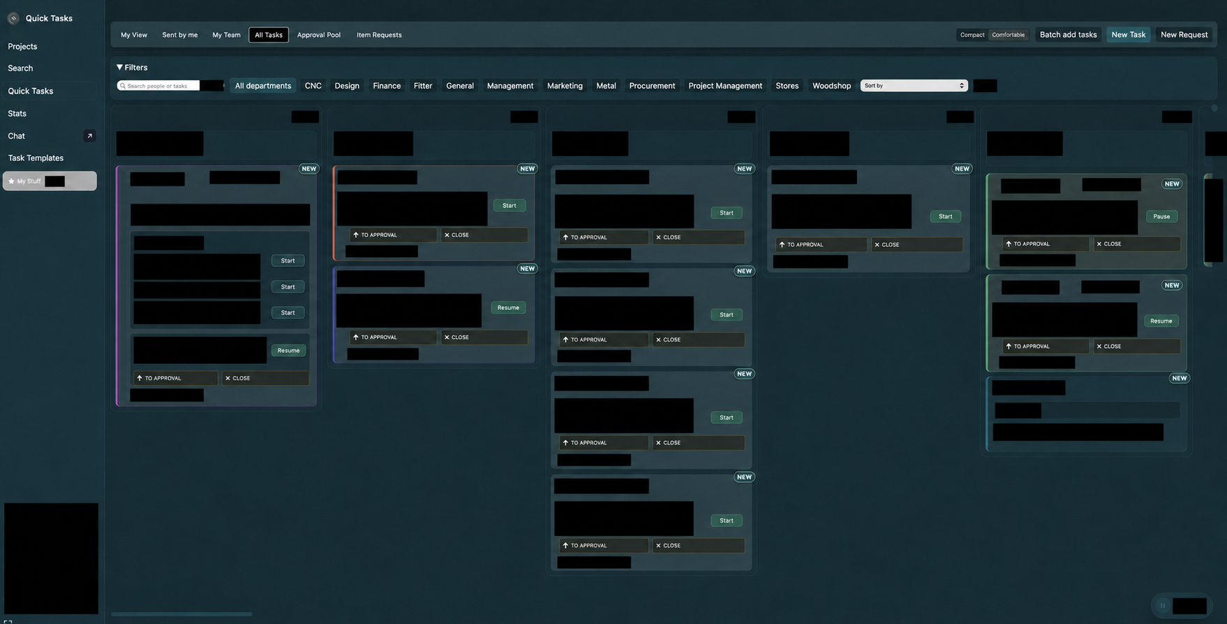 Polytracker task board with live names and job details redacted